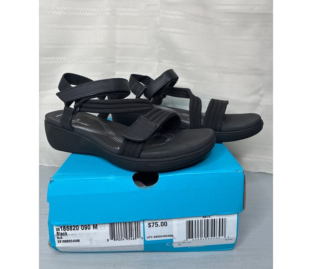 Clarks Cloudsteppers BreezeRae Sun Wedge Sandals Black Womens Size 9M